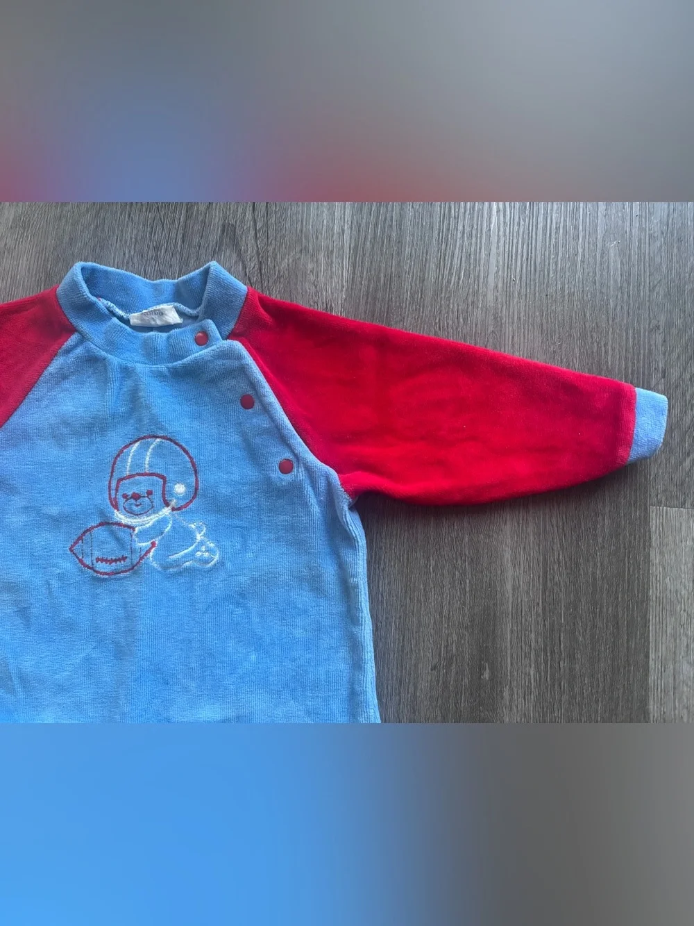 Vintage Carter’s Blue and Red Football Teddy Bear Velour One-Piece, 9 months